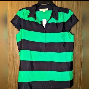 LOFT sleeveless blouse navy green stripe sz M